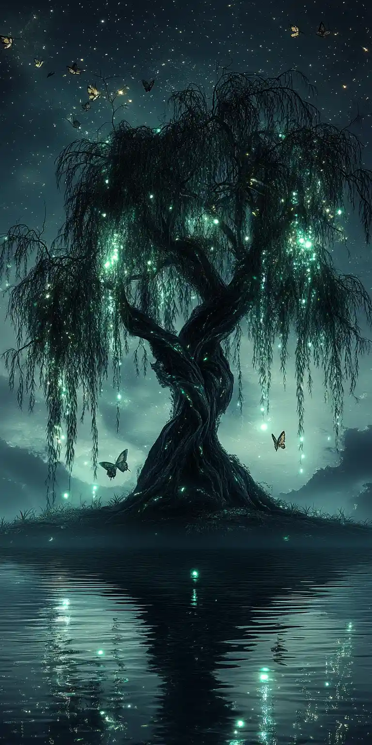 Ancient Willow Tree On Dark Island Under Starry Night Sky
