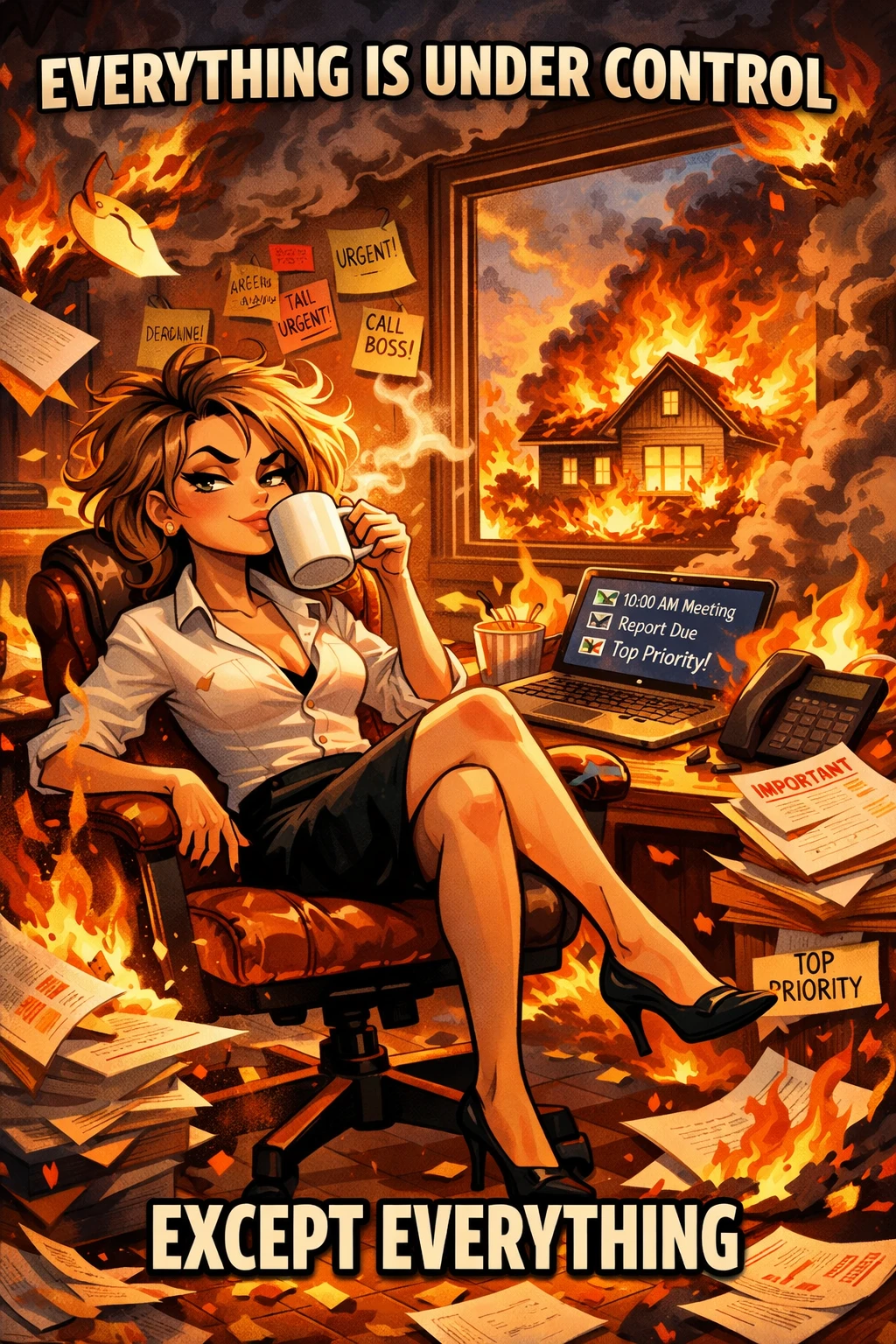 Donna glamour sorseggia caffè con calma in un ufficio in fiamme