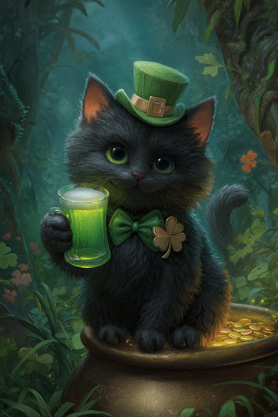 Mischievous Black Cat Leprechaun On Pot Of Gold
