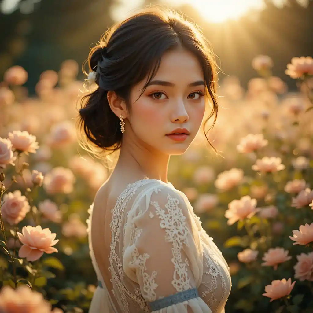 Young woman in a sunlit romantic garden portrait
