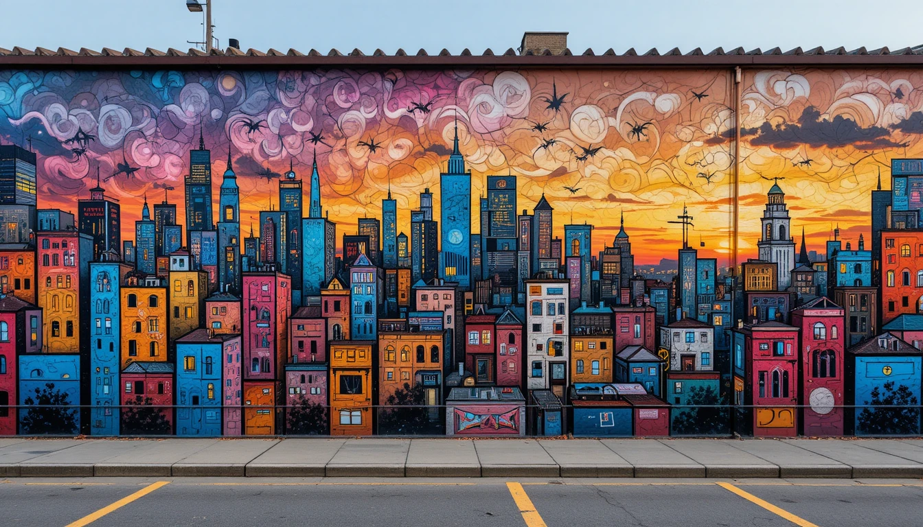 Murale di street art colorato con vivace skyline urbano al crepuscolo