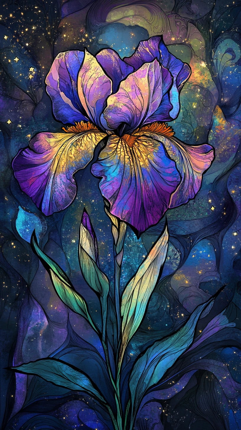 Leuchtende Fantasy-Irisblume vor kosmischem Nachthimmel