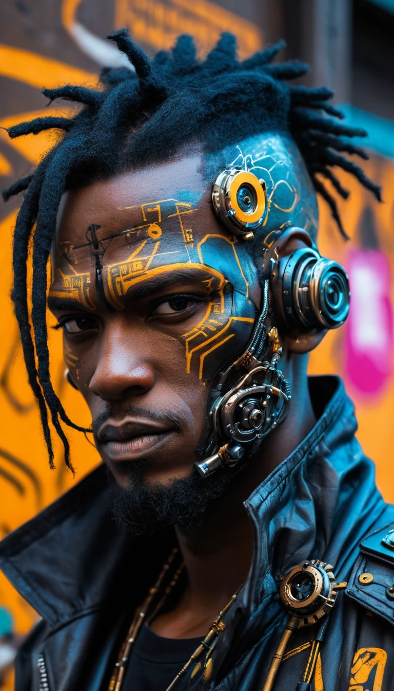 Retrato neon cyberpunk de um homem ciborgue de rosto duplo