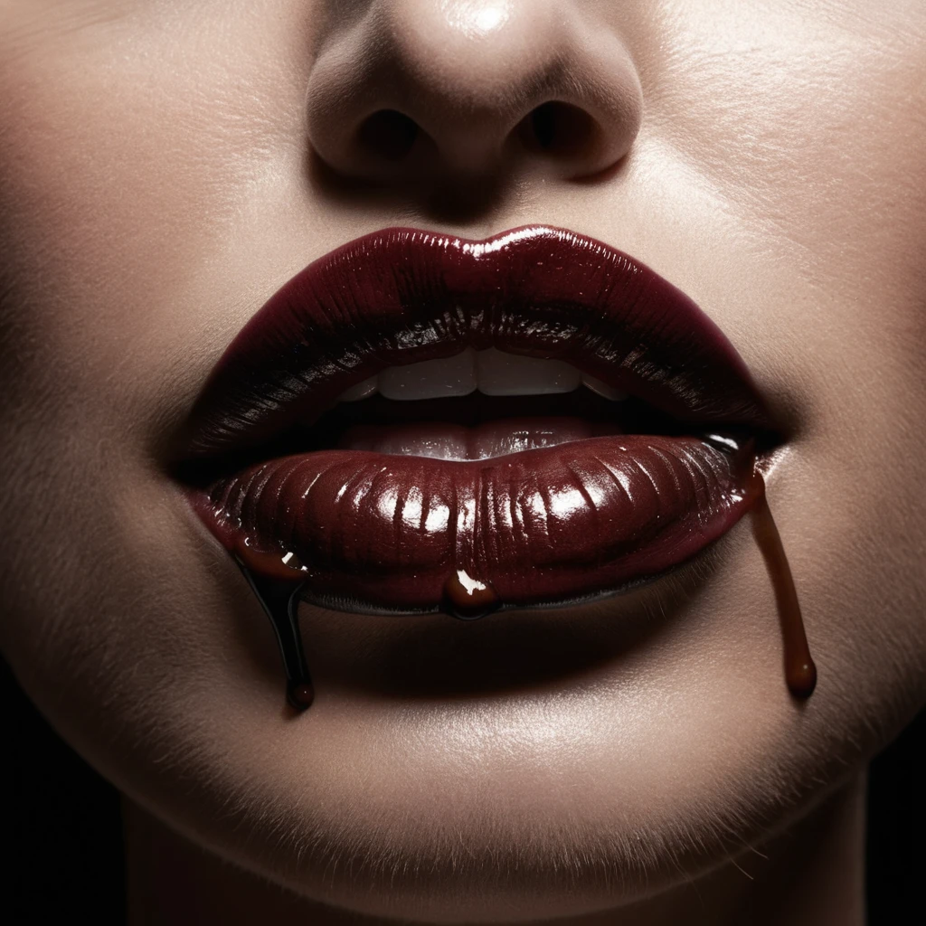 Close up burgundy lips hit by falling coffee stream