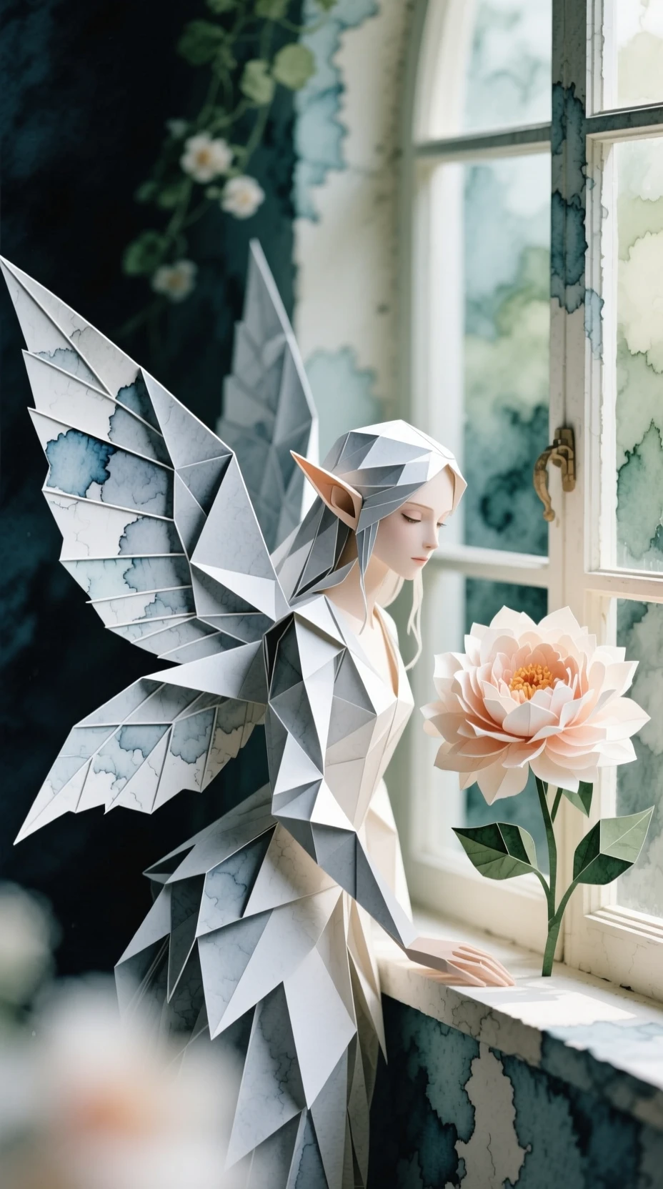 Elfo de origami con alas plateadas junto a una flor en pleno florecimiento