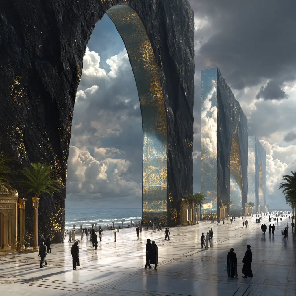 Futuristic Marble Plaza With Colossal Mirrored Gateways