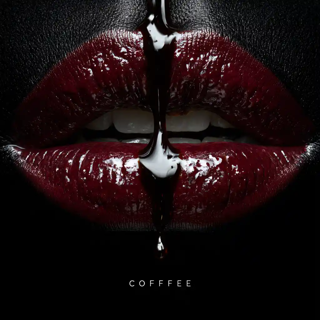Extreme close up lips hit by falling coffee stream