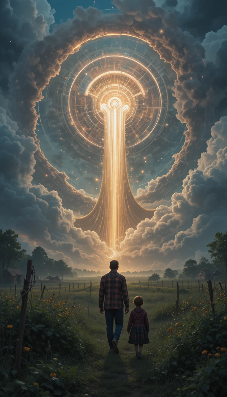 Neon steampunk dreamworld with mysterious crop circle field