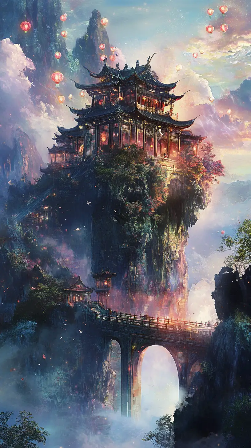 Asian temple on a floating island with glowing lanterns