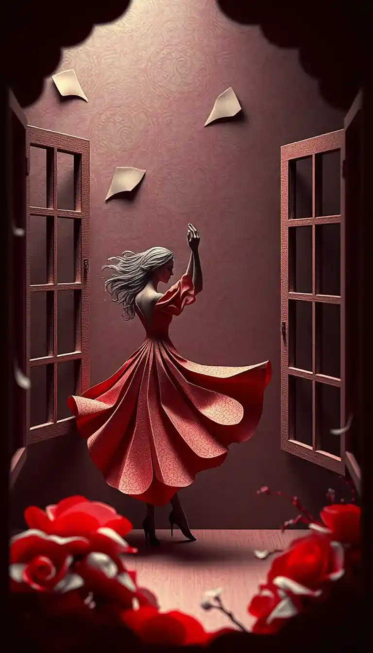 Origami style couple dancing by an open window