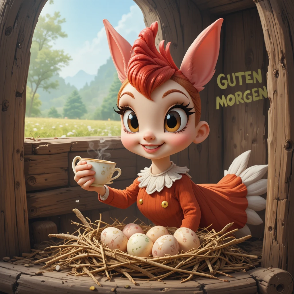 Galinha colorida com café olhando para seu ninho de ovos