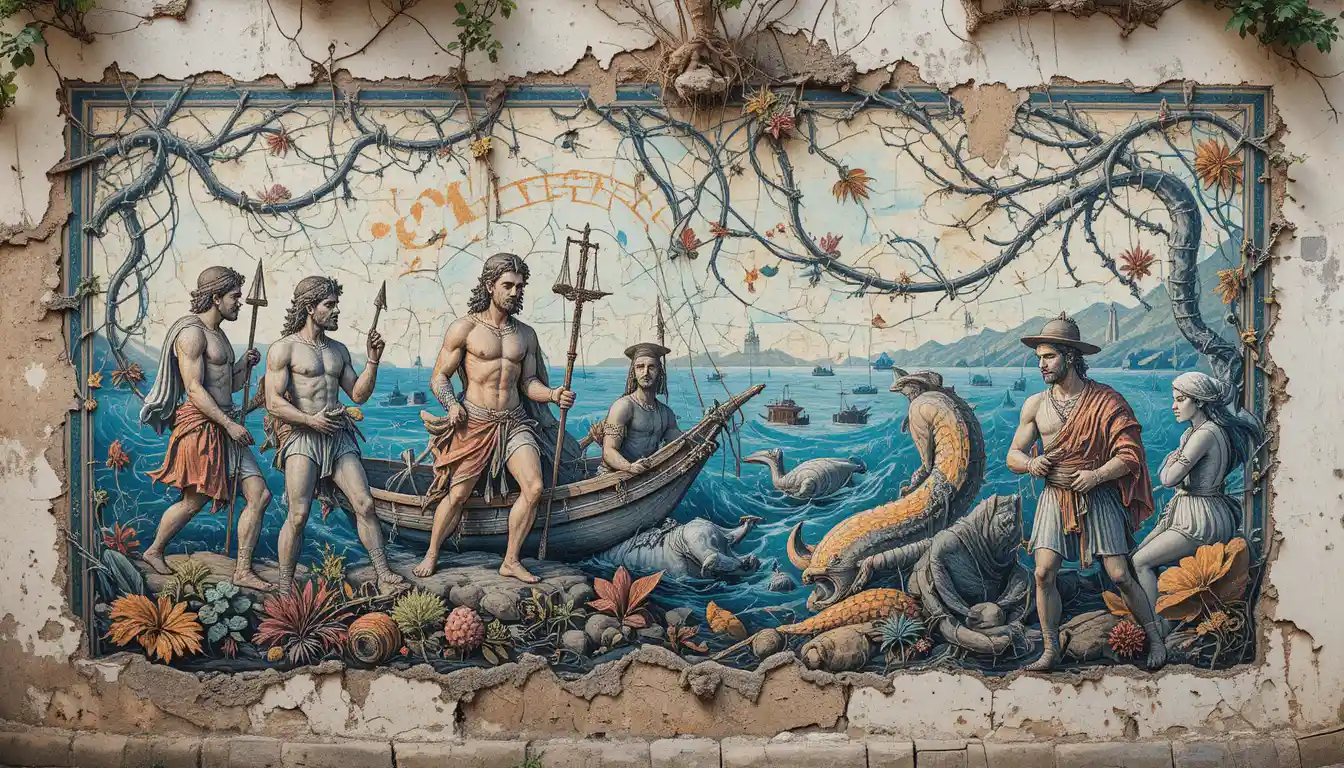 Verwittertes mediterranes Wandbild mit antiken Seefahrern und Meereskreaturen