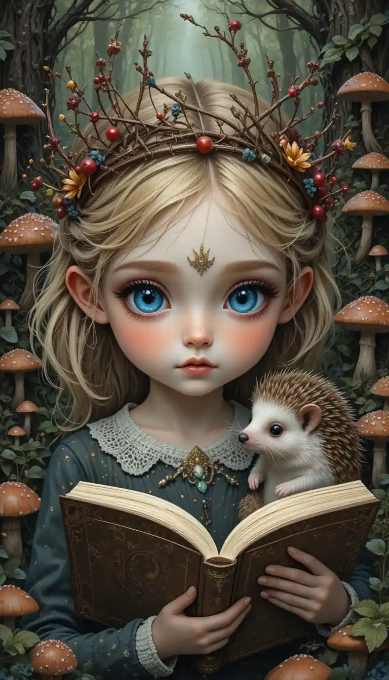 Young girl reading with a hedgehog in a whimsical forest