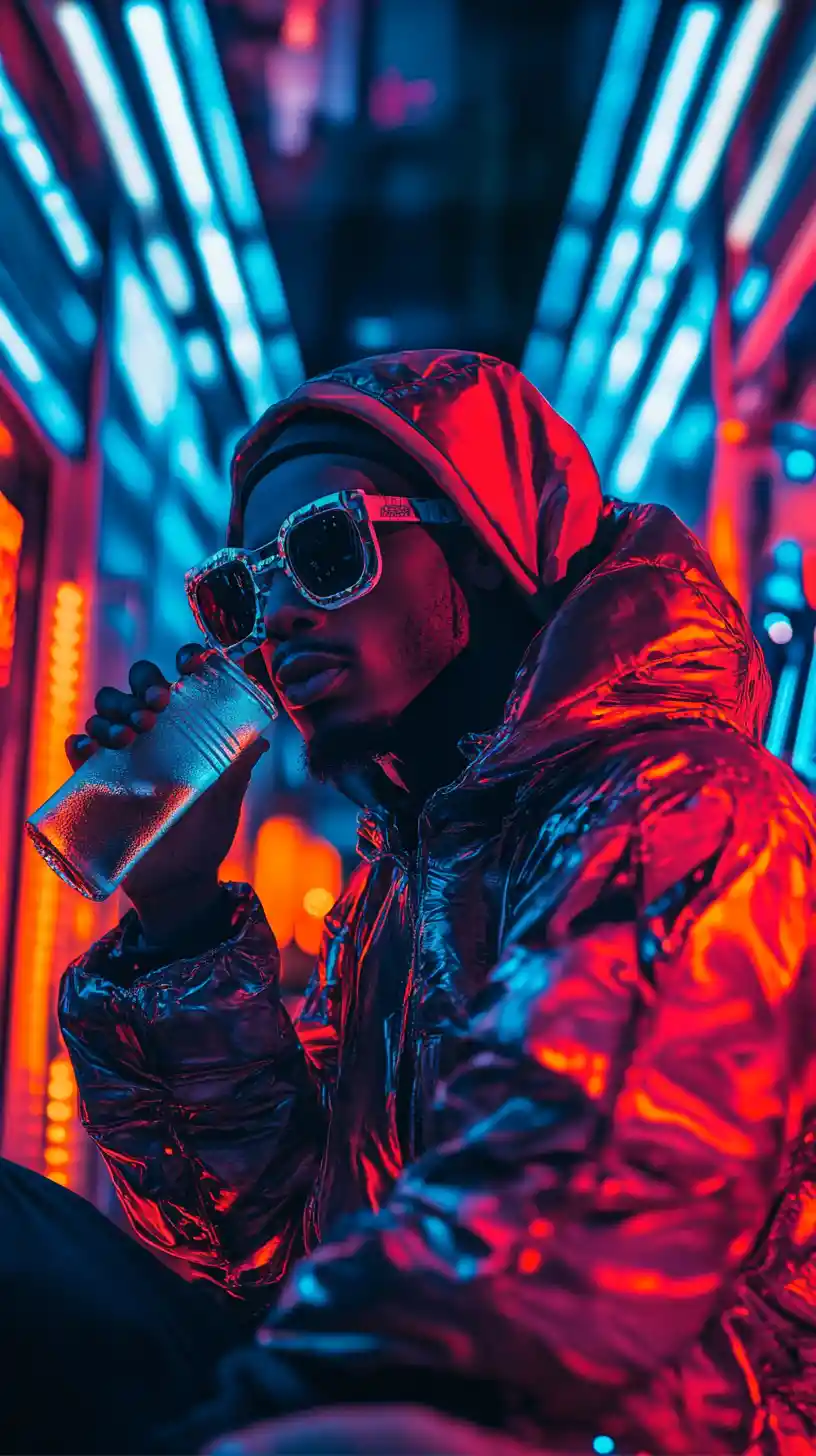 Confident solo artist relaxing with a drink in the city