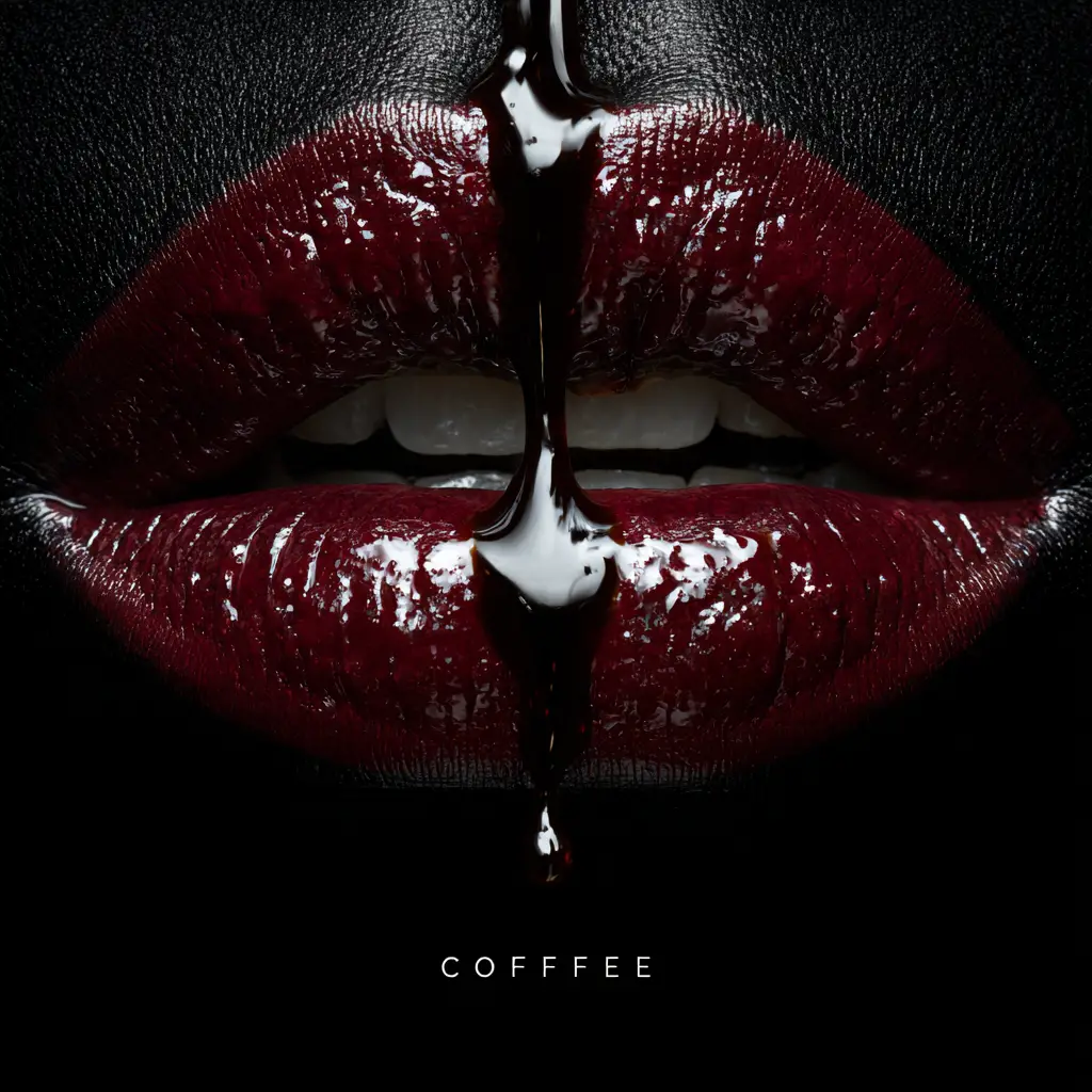 Extreme Nahaufnahme: Lippen von herabfallendem Kaffeestrom getroffen