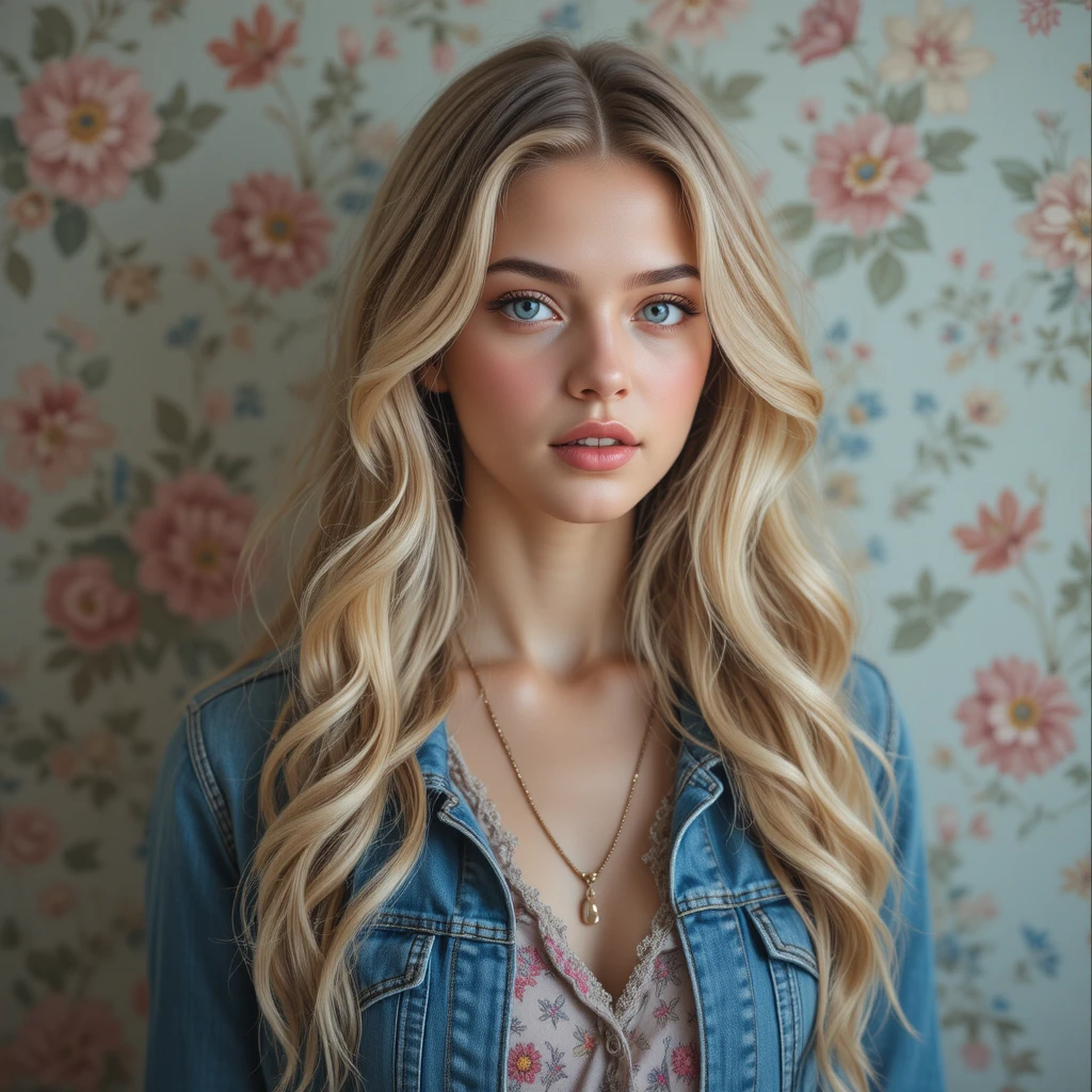 Ritratto sognante di una ragazza bionda in denim e fantasia floreale