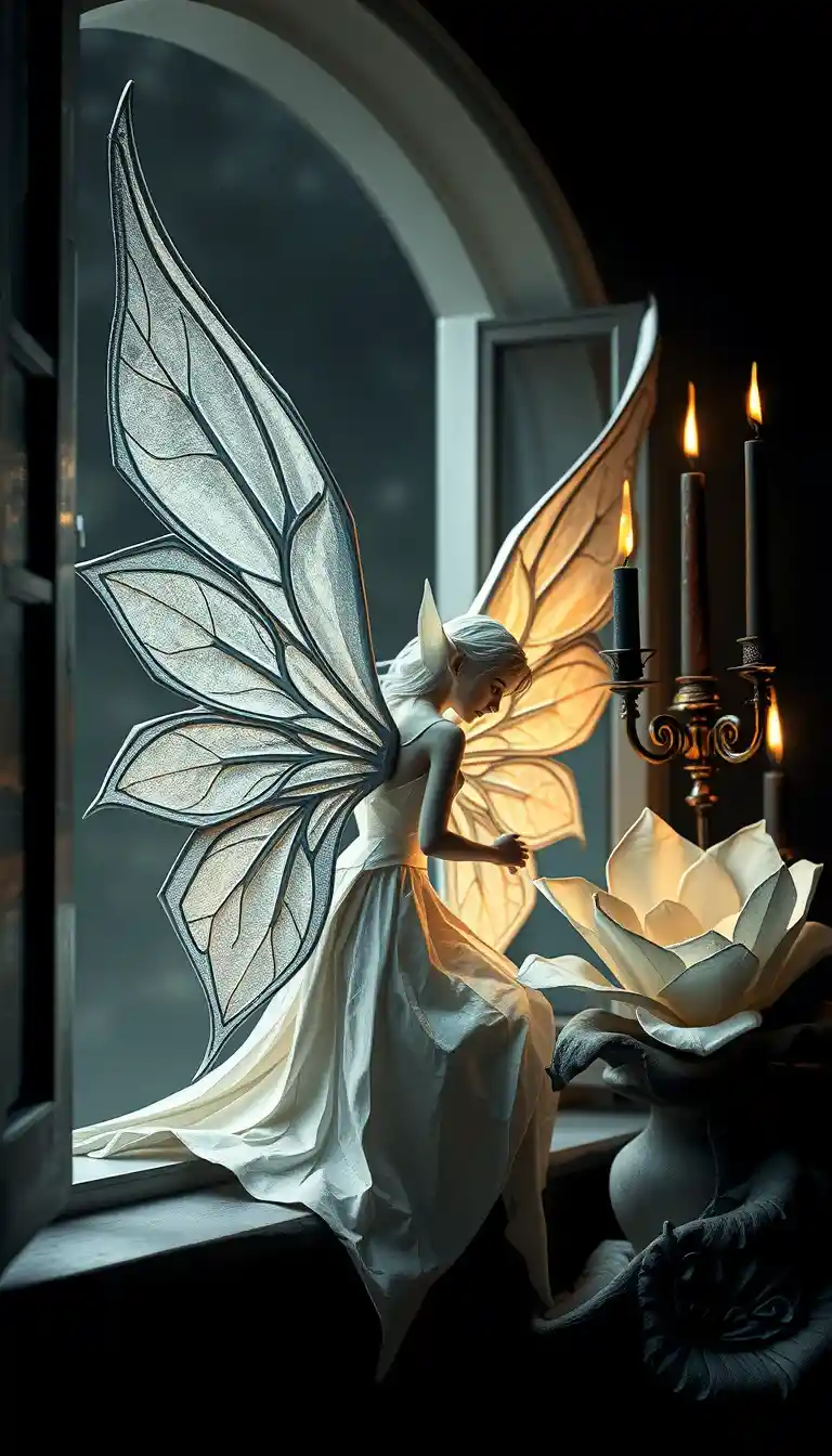 Origami elf with silver wings beside a blooming flower
