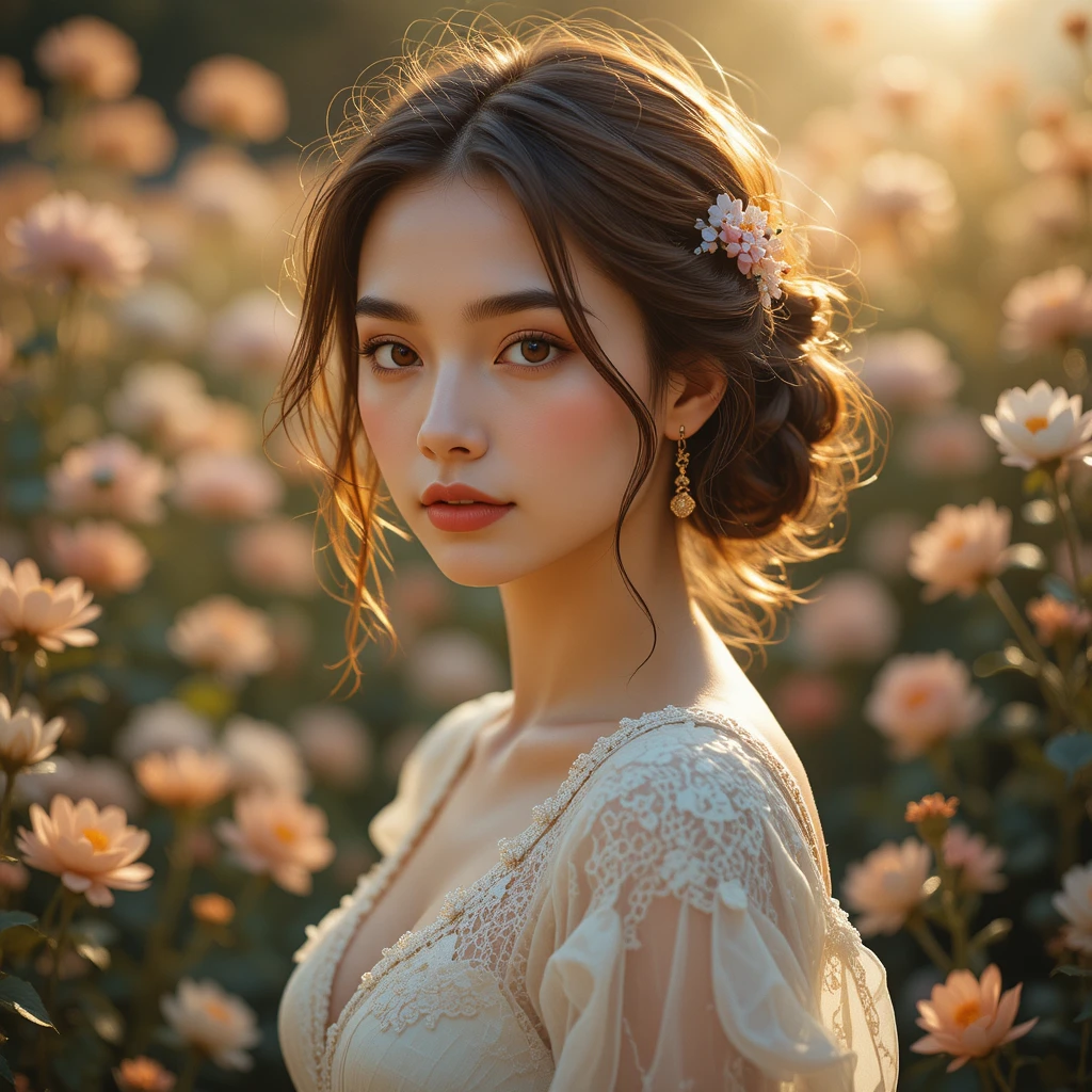 Young woman in a sunlit flower garden portrait