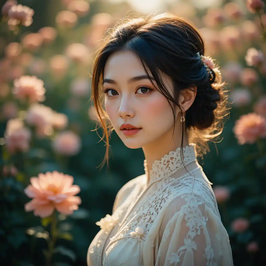 Young woman in a sunlit flower garden portrait