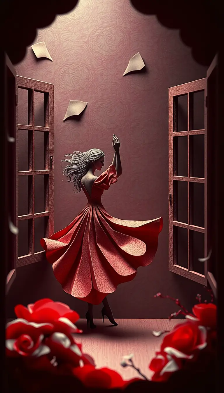 Origami style couple dancing by an open window
