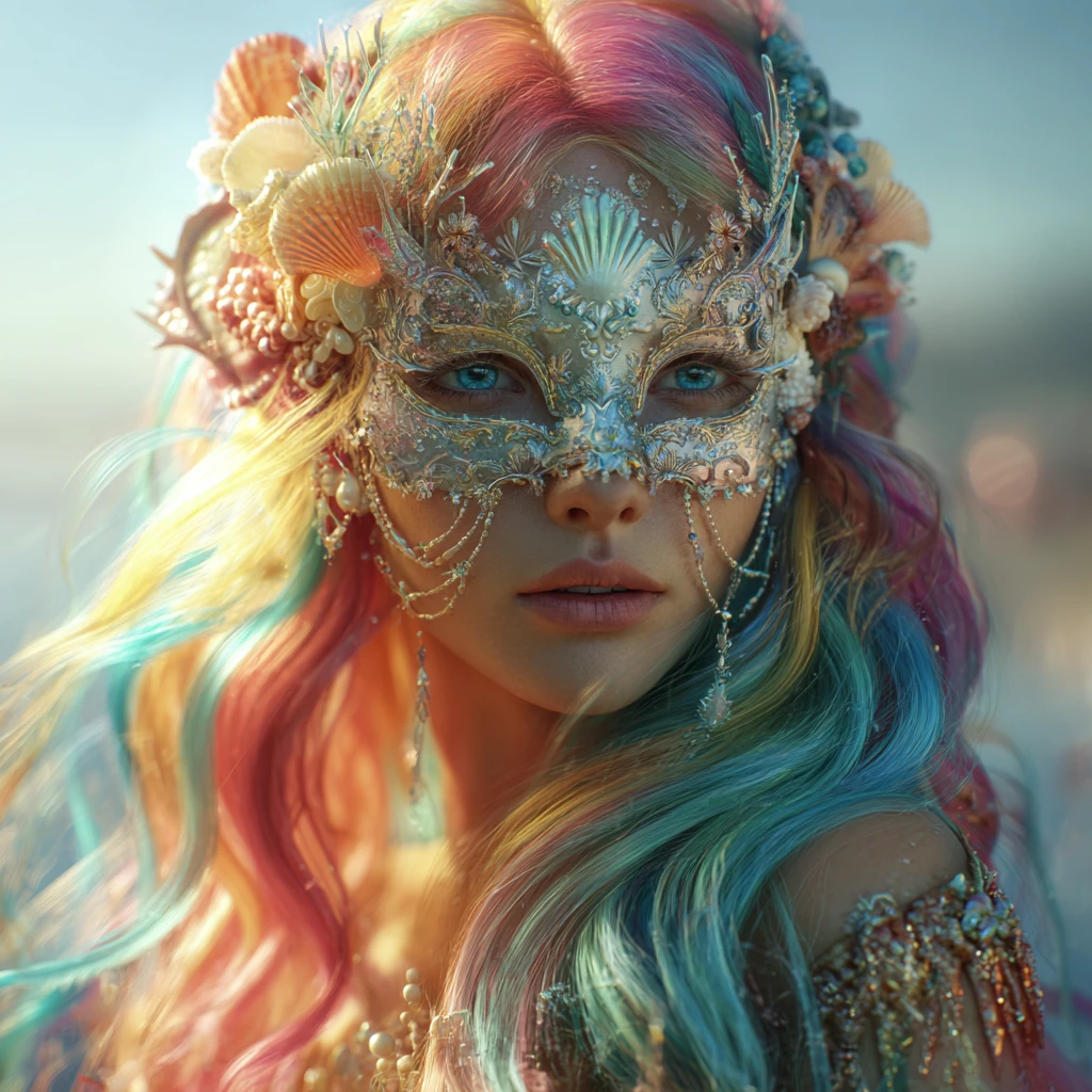 Sirena con Maschera Veneziana in una Scena Onirica sul Canale