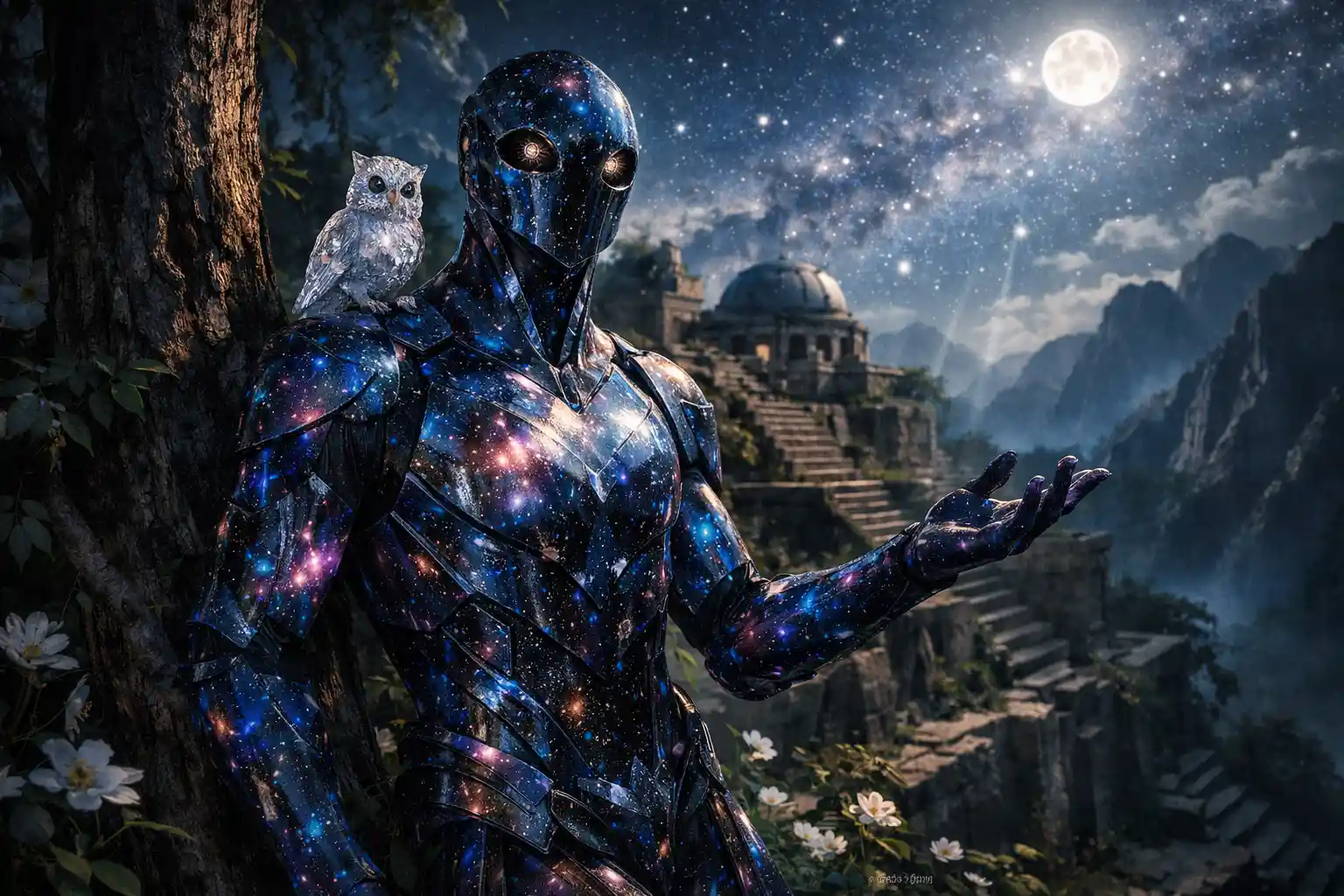 Crystal android druid stargazing atop ancient vine covered ziggurat