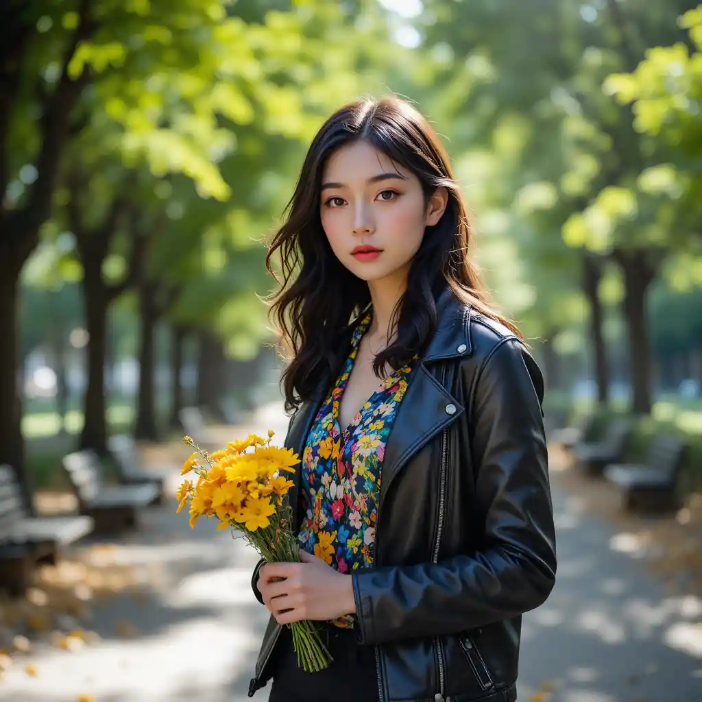Young woman with flowers in a sunlit green park