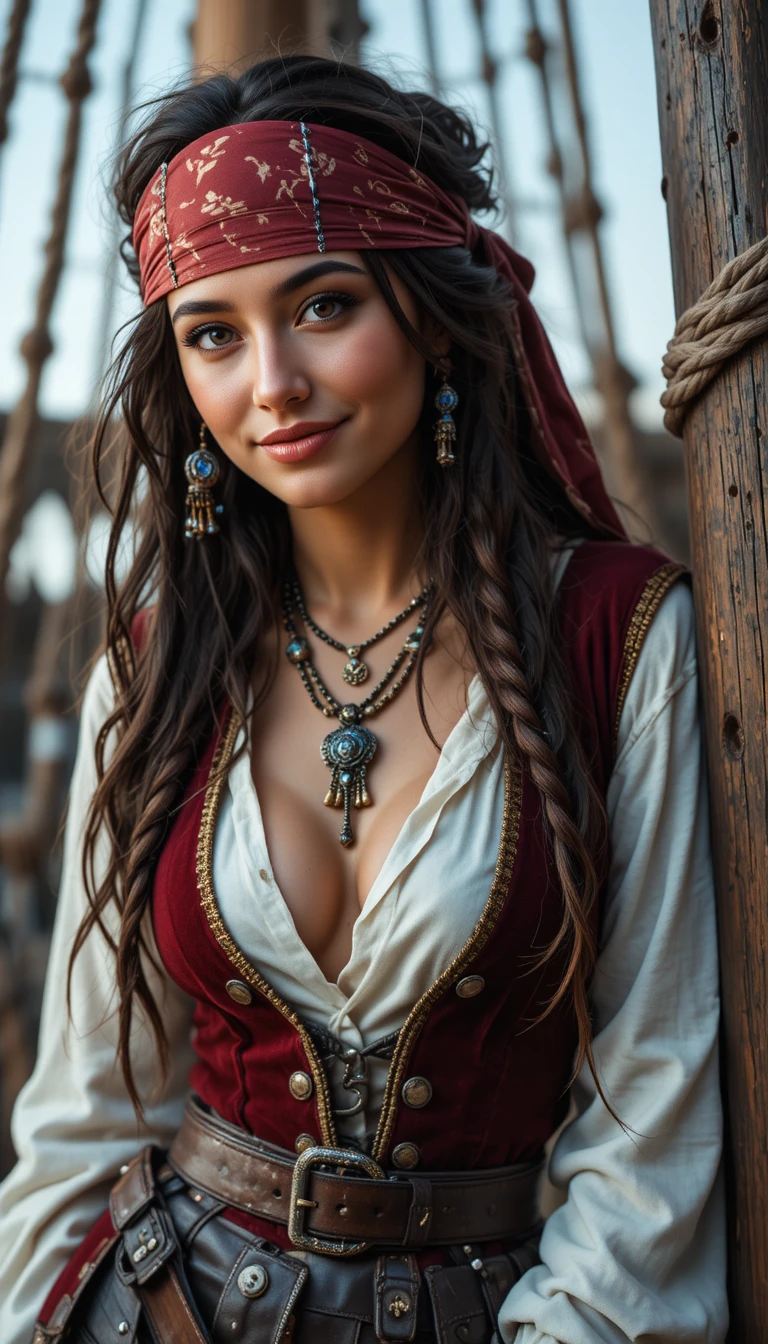 Playful female pirate posing against an old ship mast