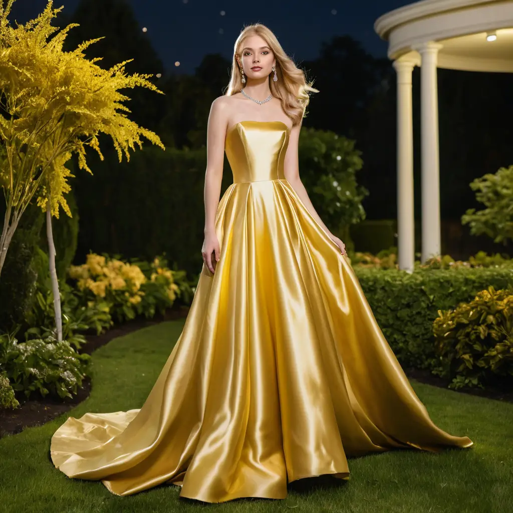 Mujer rubia con vestido de satén dorado en un jardín nocturno