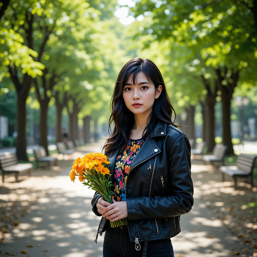 Young woman in leather jacket holding flowers in park