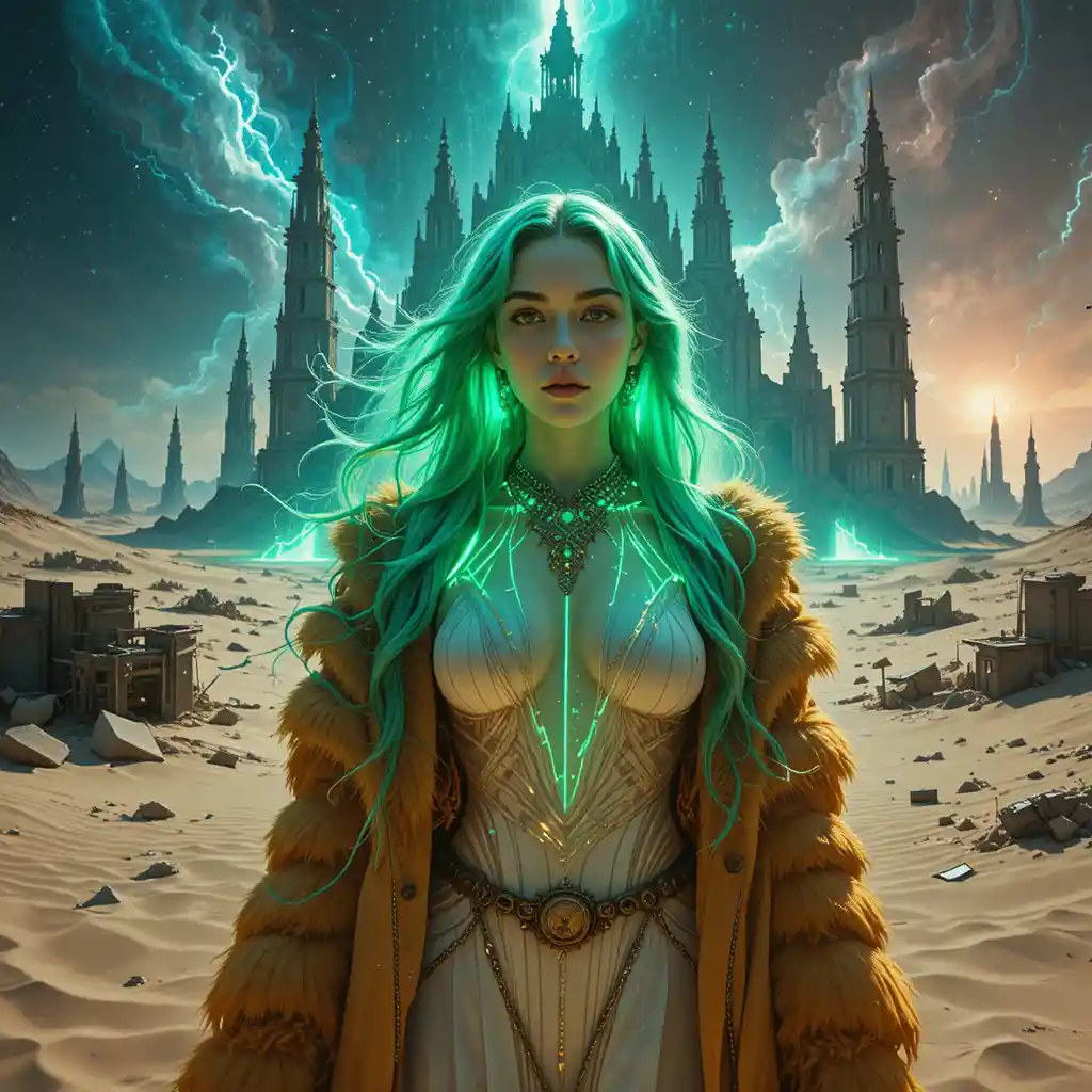 Surreale Cyberpunk-Frau in Neonwüsten-Ruinen