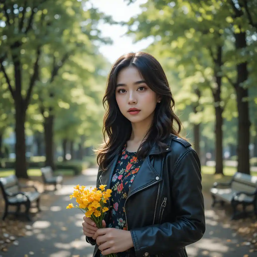 Junge Frau mit Blumen in einem sonnenverwöhnten grünen Park