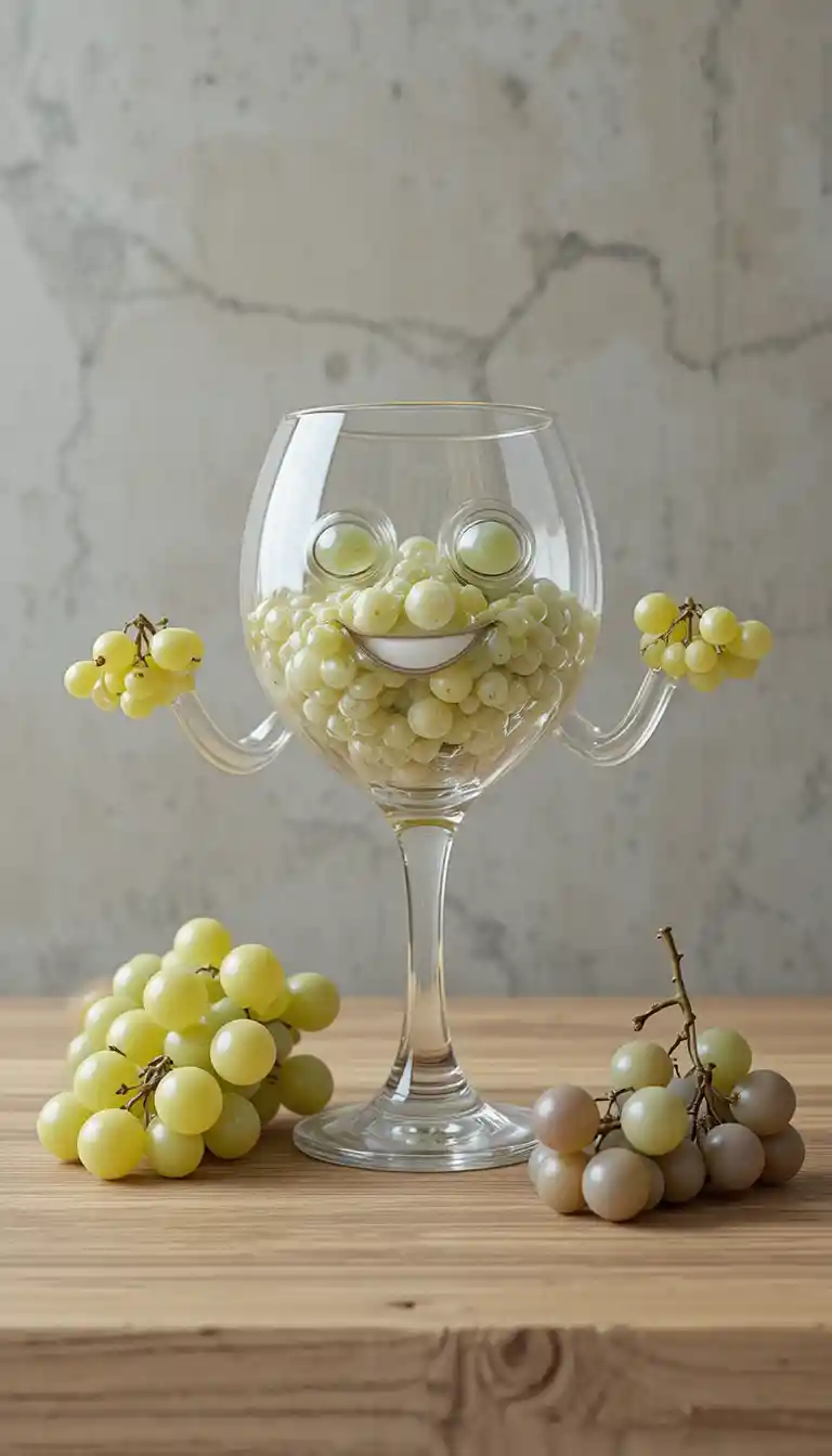 Calice di vino 3D surreale che raggiunge acini d’uva di vetro traslucido