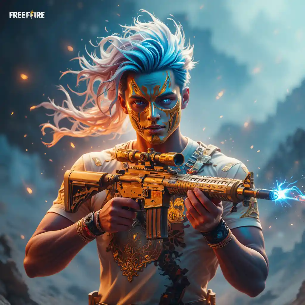 Masked gamer holding golden sniper rifle with glowing effects