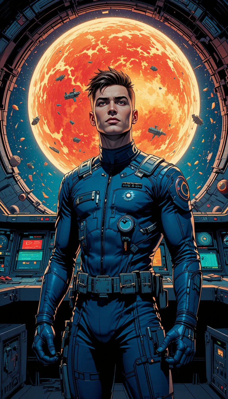 Futuristic soldier in blue before glowing space control panel