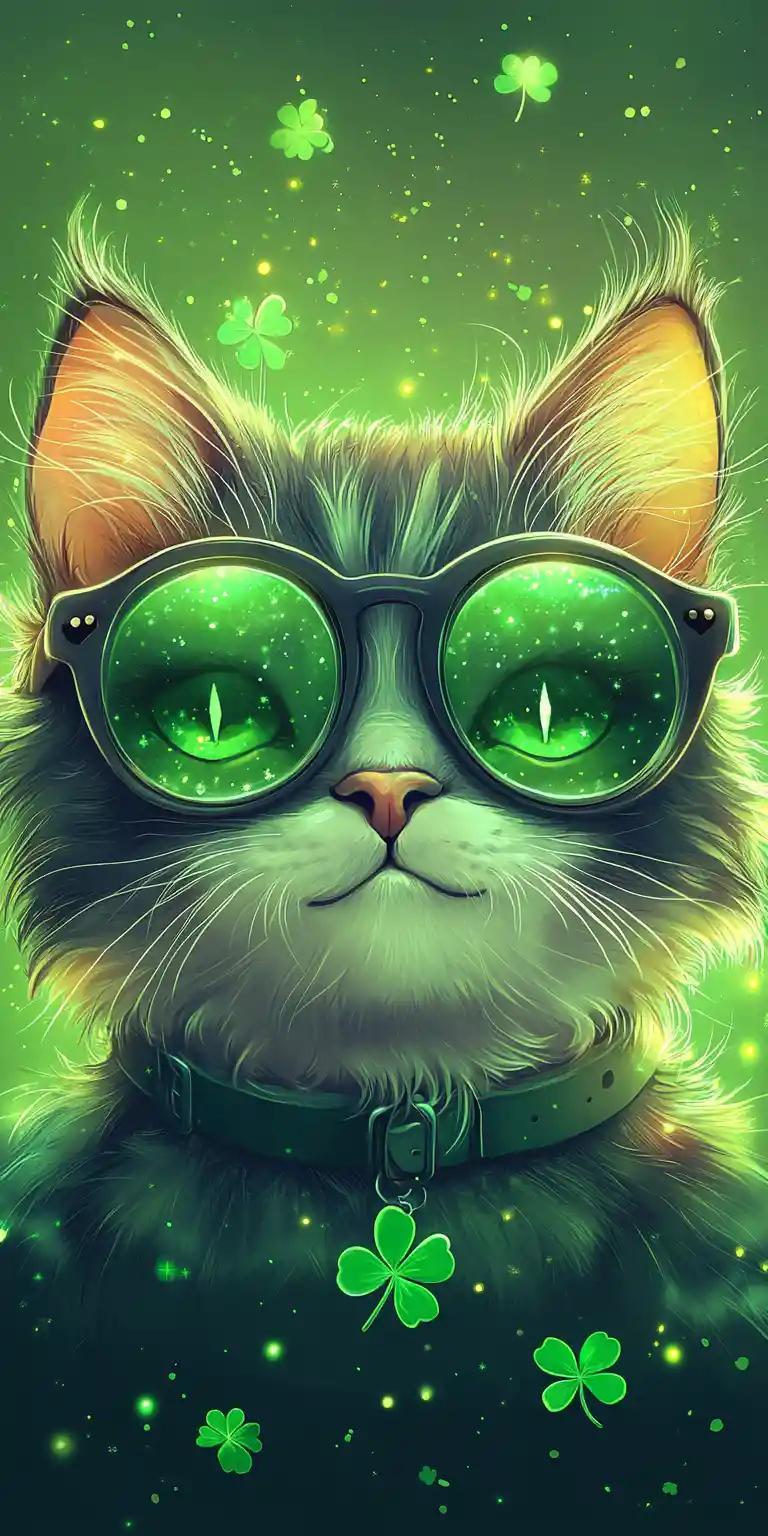Sarcastic cartoon cat portrait with nerd glasses and shamrocks