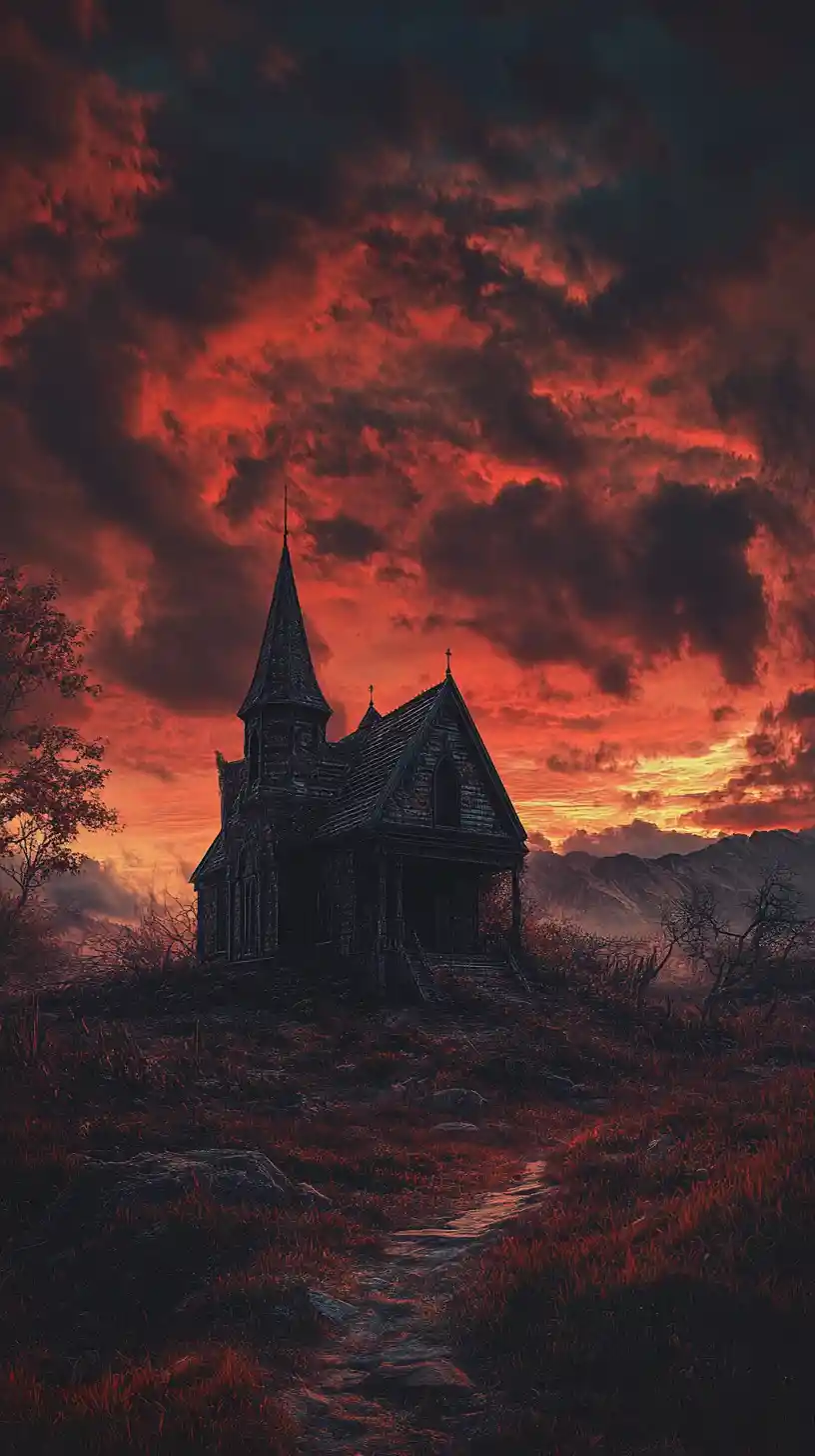 Crépuscule orageux sur un paysage de dark fantasy solitaire