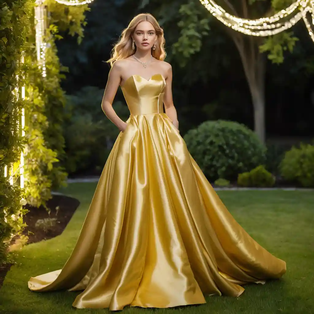 Mujer rubia con vestido de satén dorado en un jardín nocturno