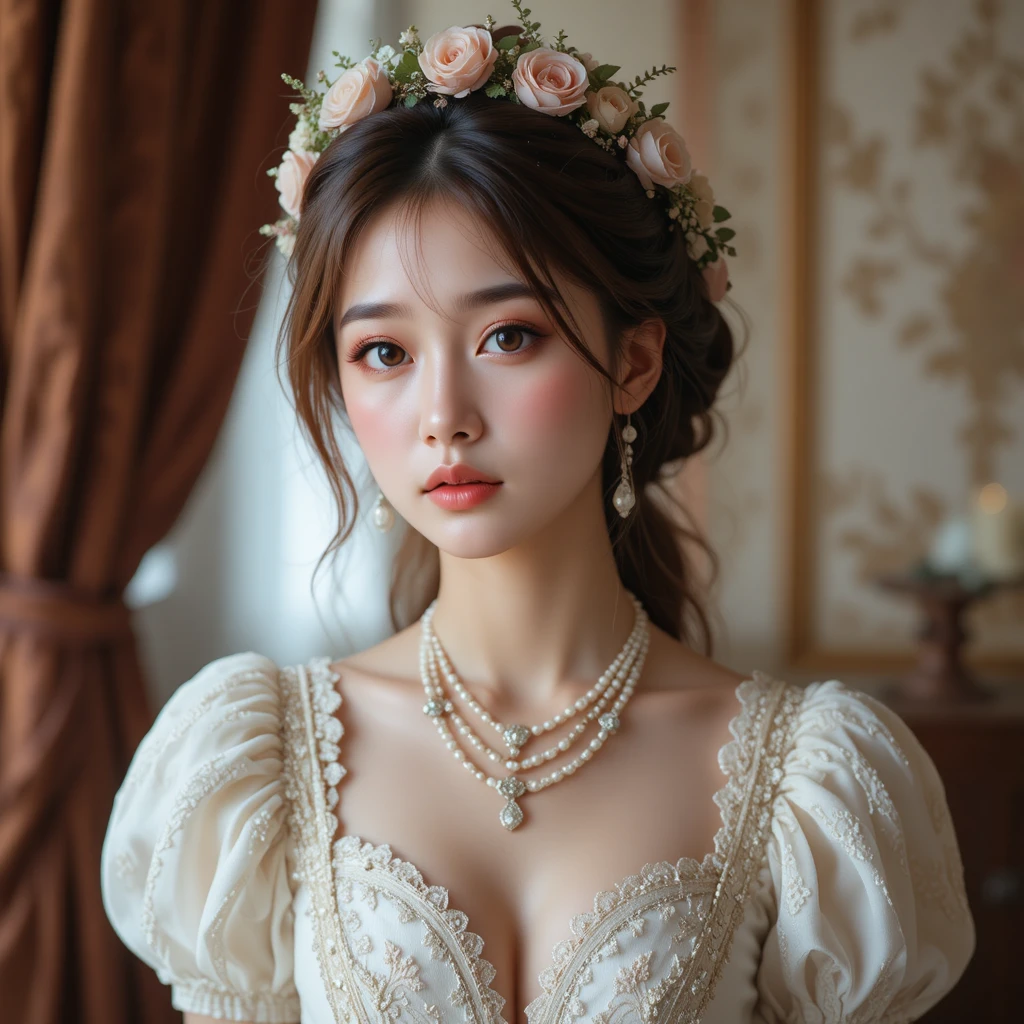 Young woman in floral crown and victorian lace gown