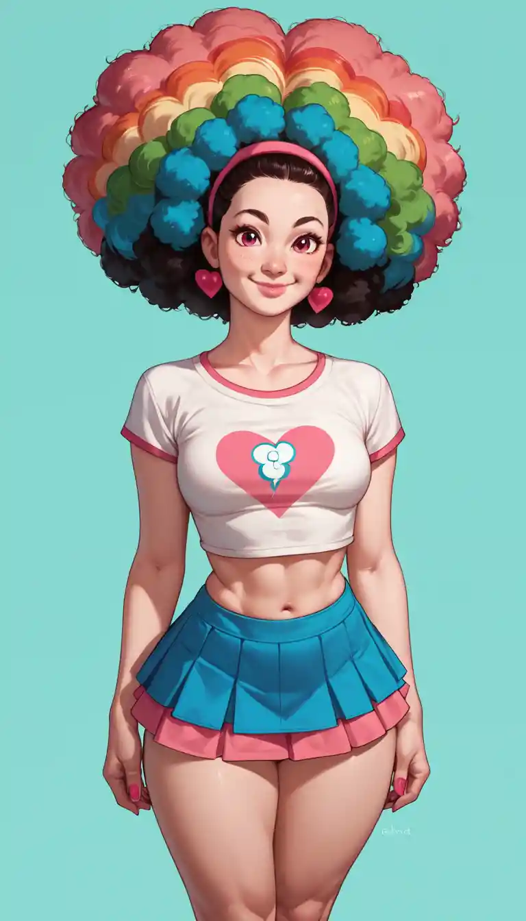 虹色アフロヘアとピンクのミニスカートのアニメ女性