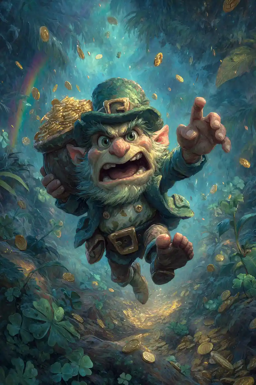 Cartoon leprechaun thief running with huge pot of gold