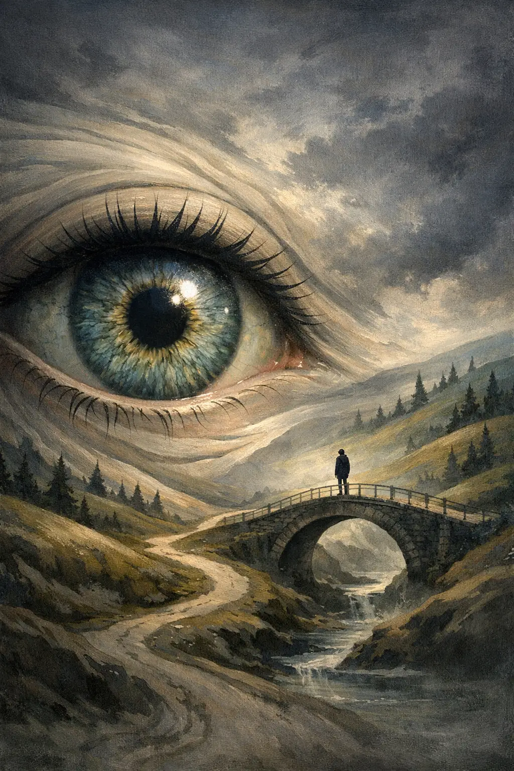 Surreal giant eye merging with rolling hills and bridge