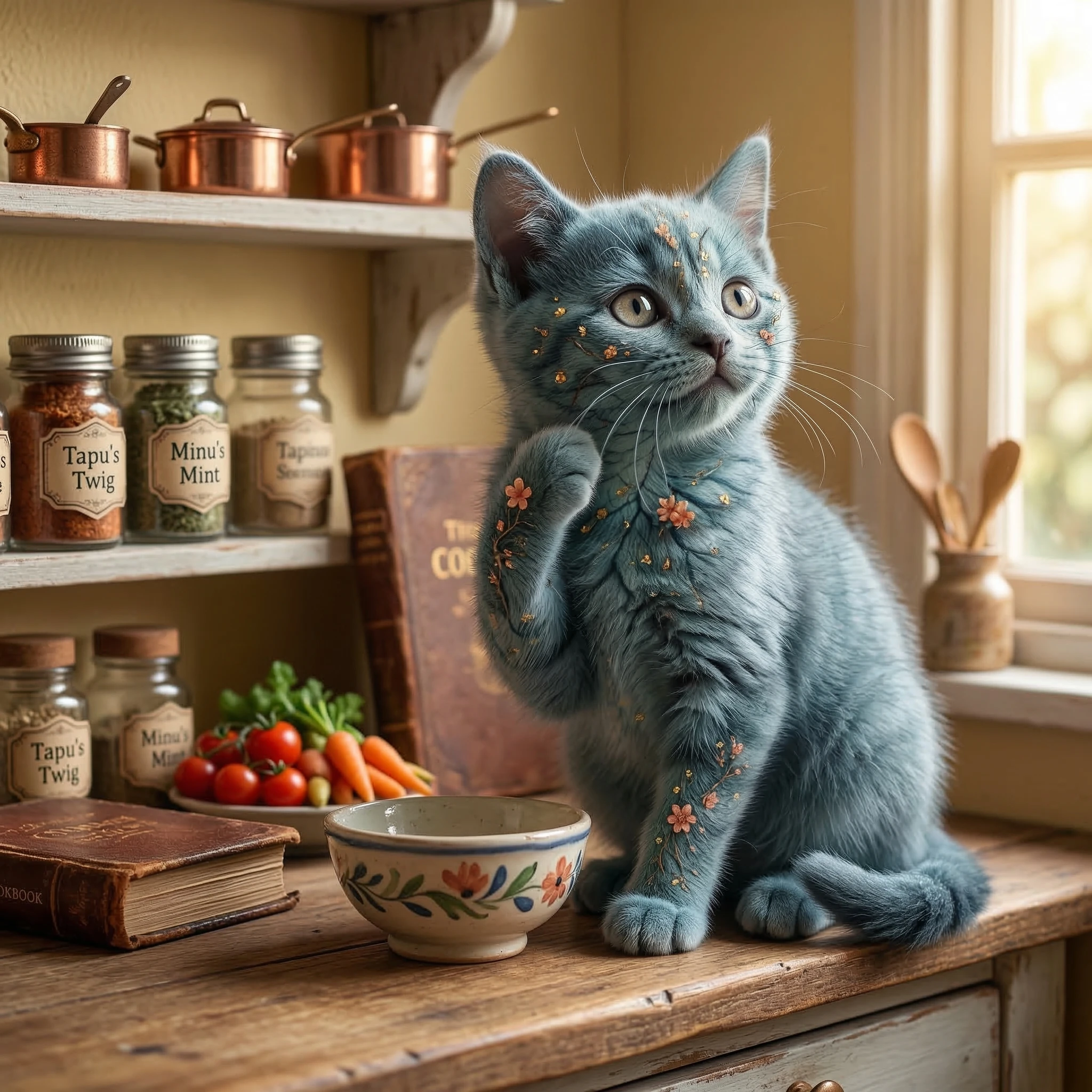 Gata madre en una cocina acogedora preparando comida para sus gatitos