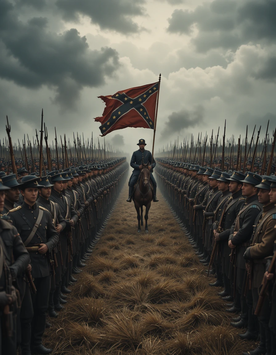 Civil war soldiers stand in formation under dark stormy sky