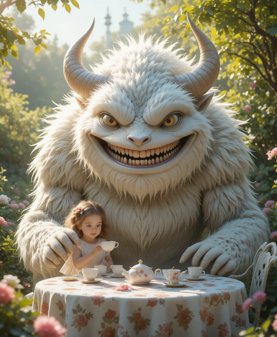 Niña diminuta tomando té con un enorme monstruo peludo con cuernos