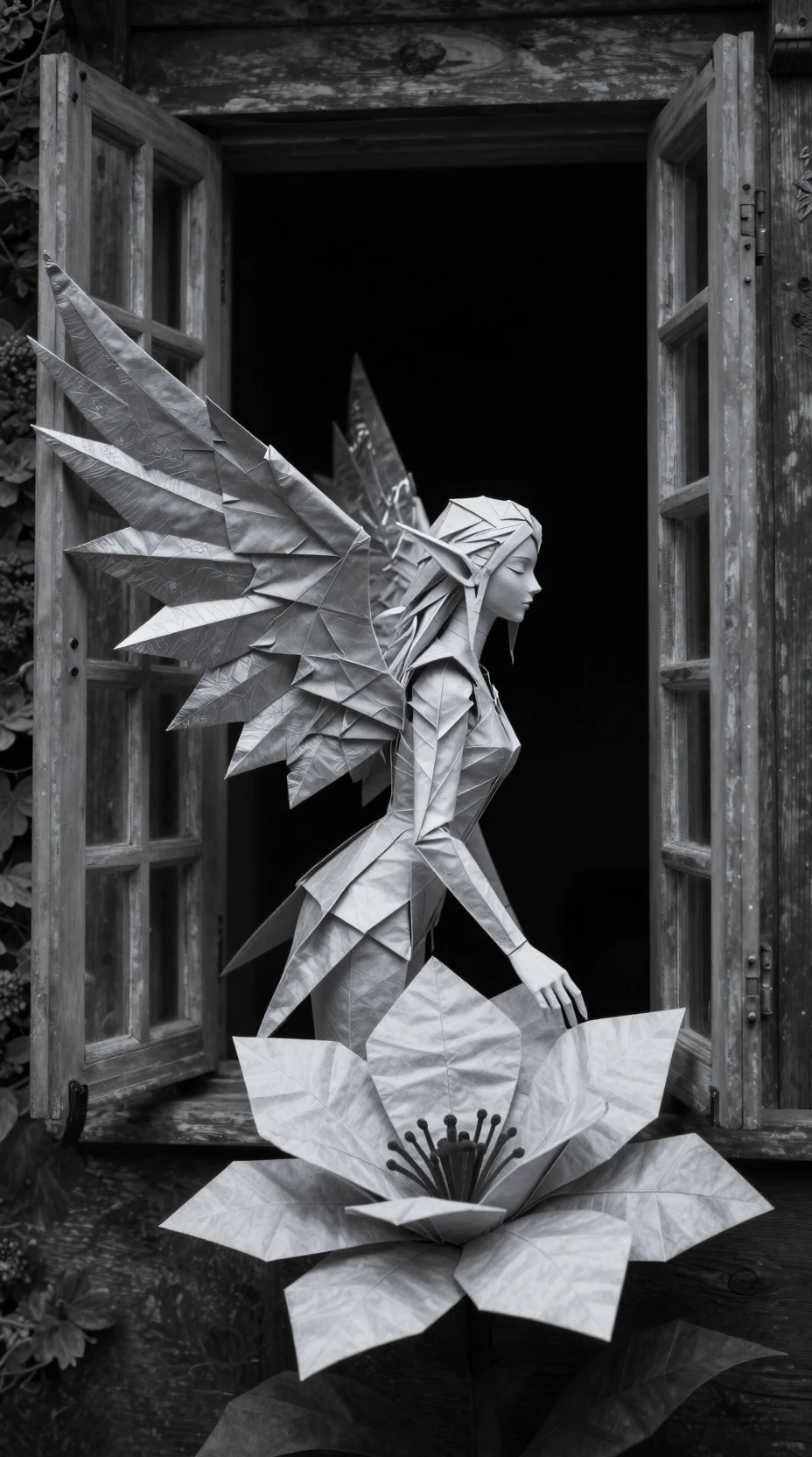 Elfo de origami con alas plateadas junto a una flor en pleno florecimiento