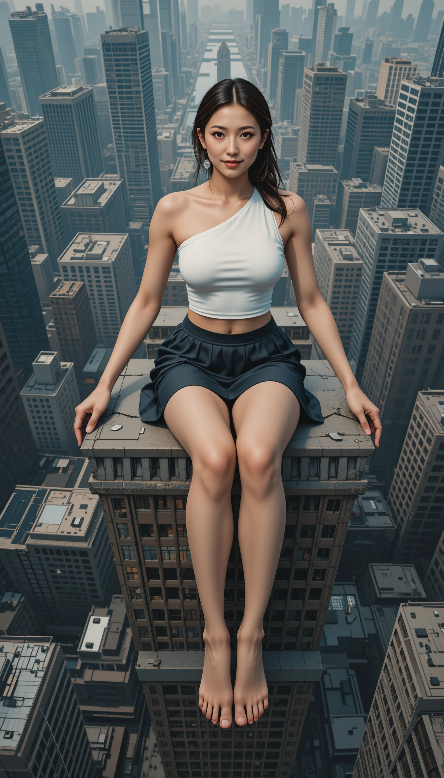 Giant confident woman seated above a modern city skyline