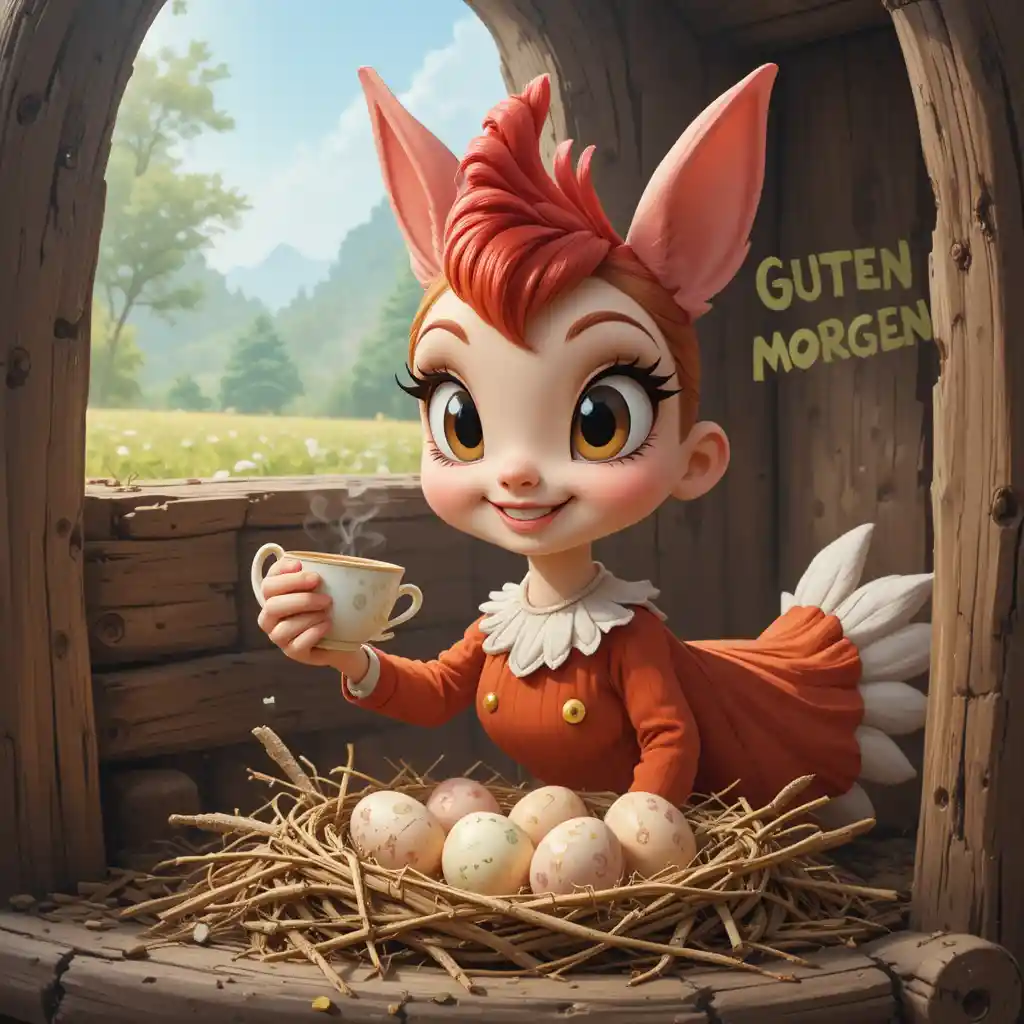 Galinha colorida com café olhando para seu ninho de ovos