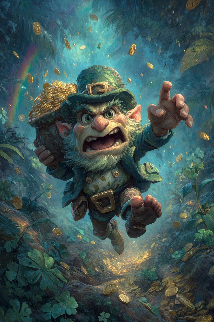 Duende ladrón caricaturesco corriendo con una enorme olla de oro