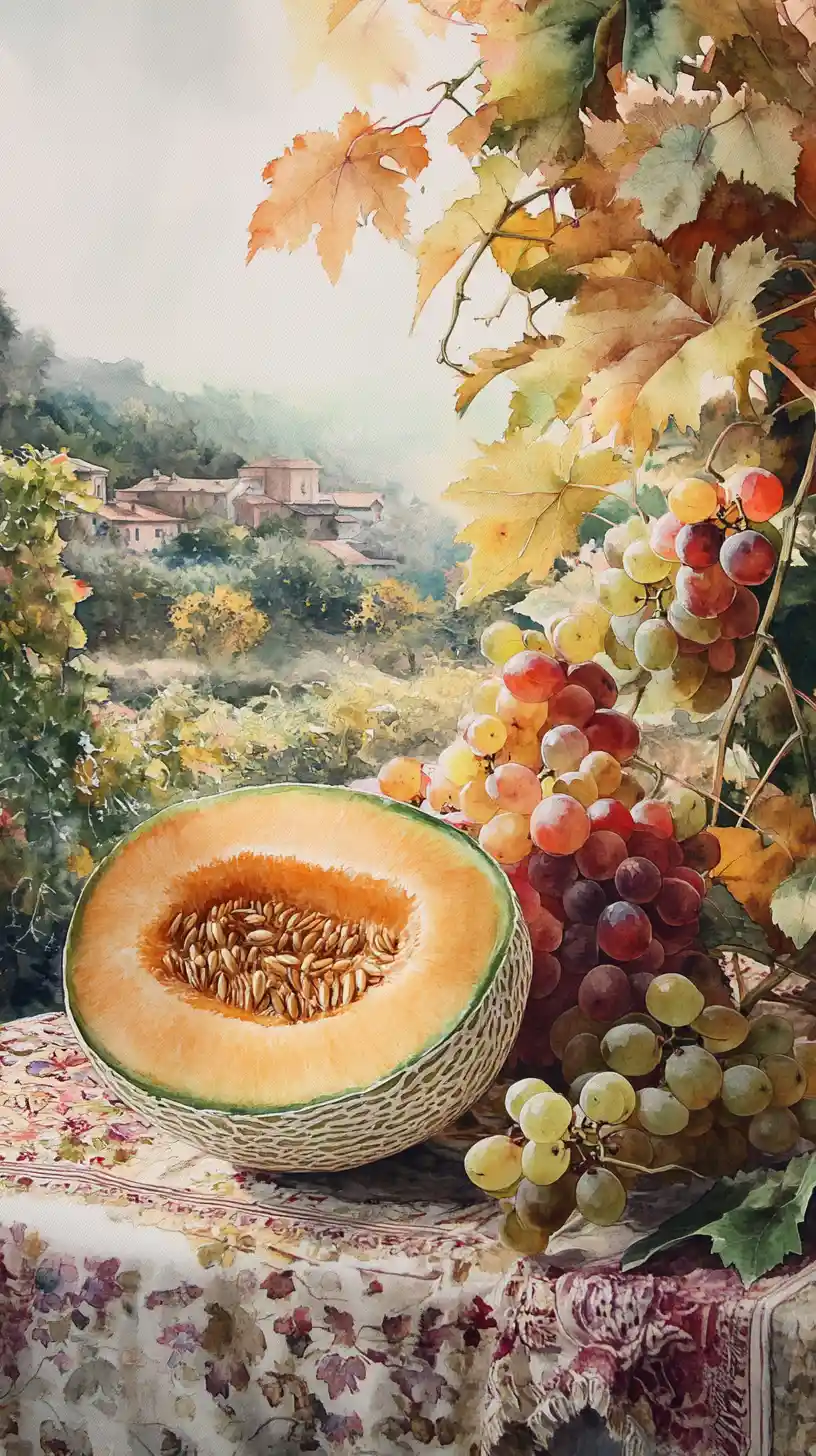 Bodegón en acuarela con melón cantalupo, uvas y algodón